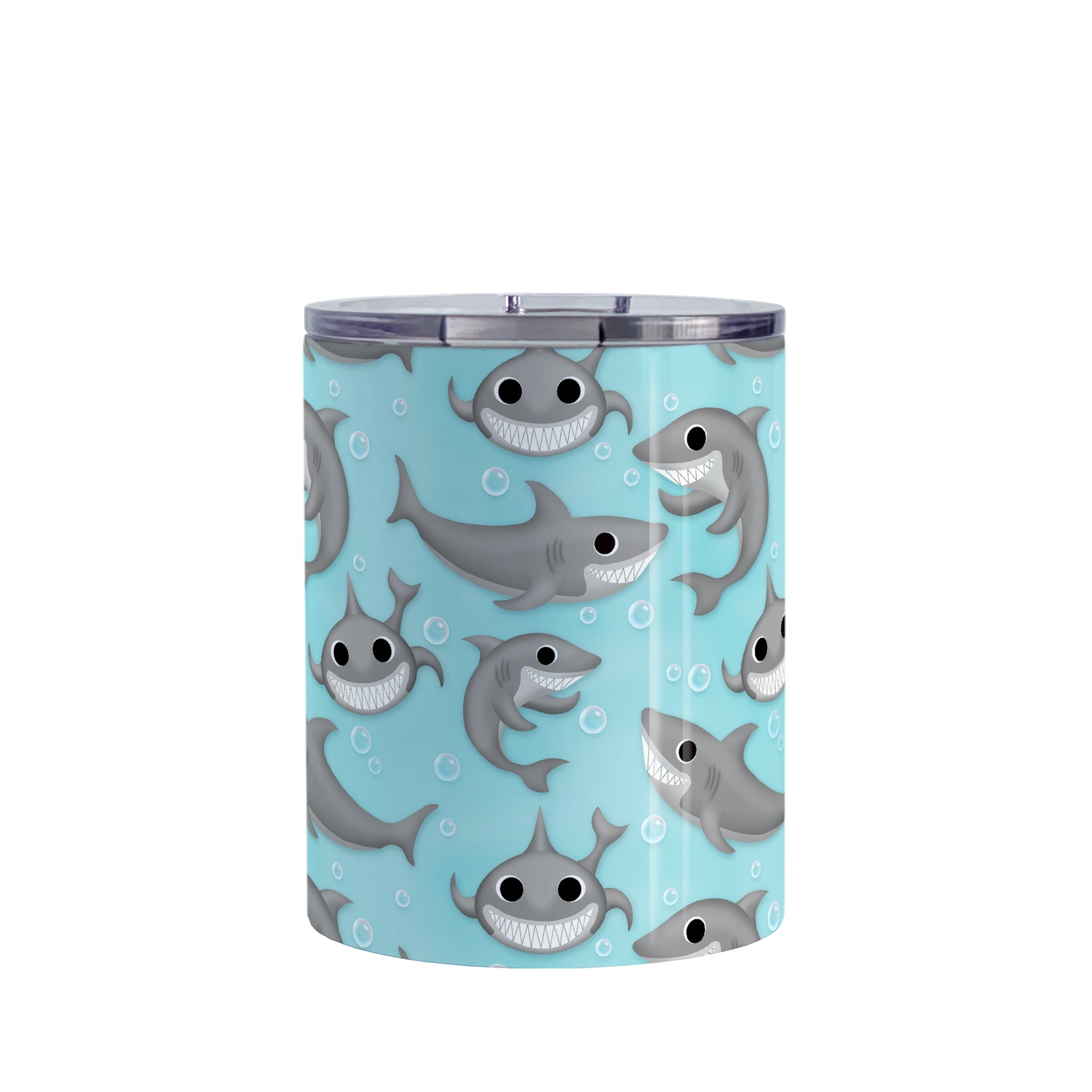 Cute Underwater Shark Pattern Tumbler Cup (10oz, stainless steel insulated) at Amy's Coffee Mugs. A tumbler cup designed with happy and smiling sharks and bubbles in a pattern over a turquoise blue water background that wraps around the cup.