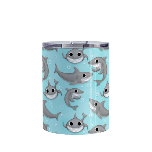 Cute Underwater Shark Pattern Tumbler Cup (10oz, stainless steel insulated) at Amy's Coffee Mugs. A tumbler cup designed with happy and smiling sharks and bubbles in a pattern over a turquoise blue water background that wraps around the cup.