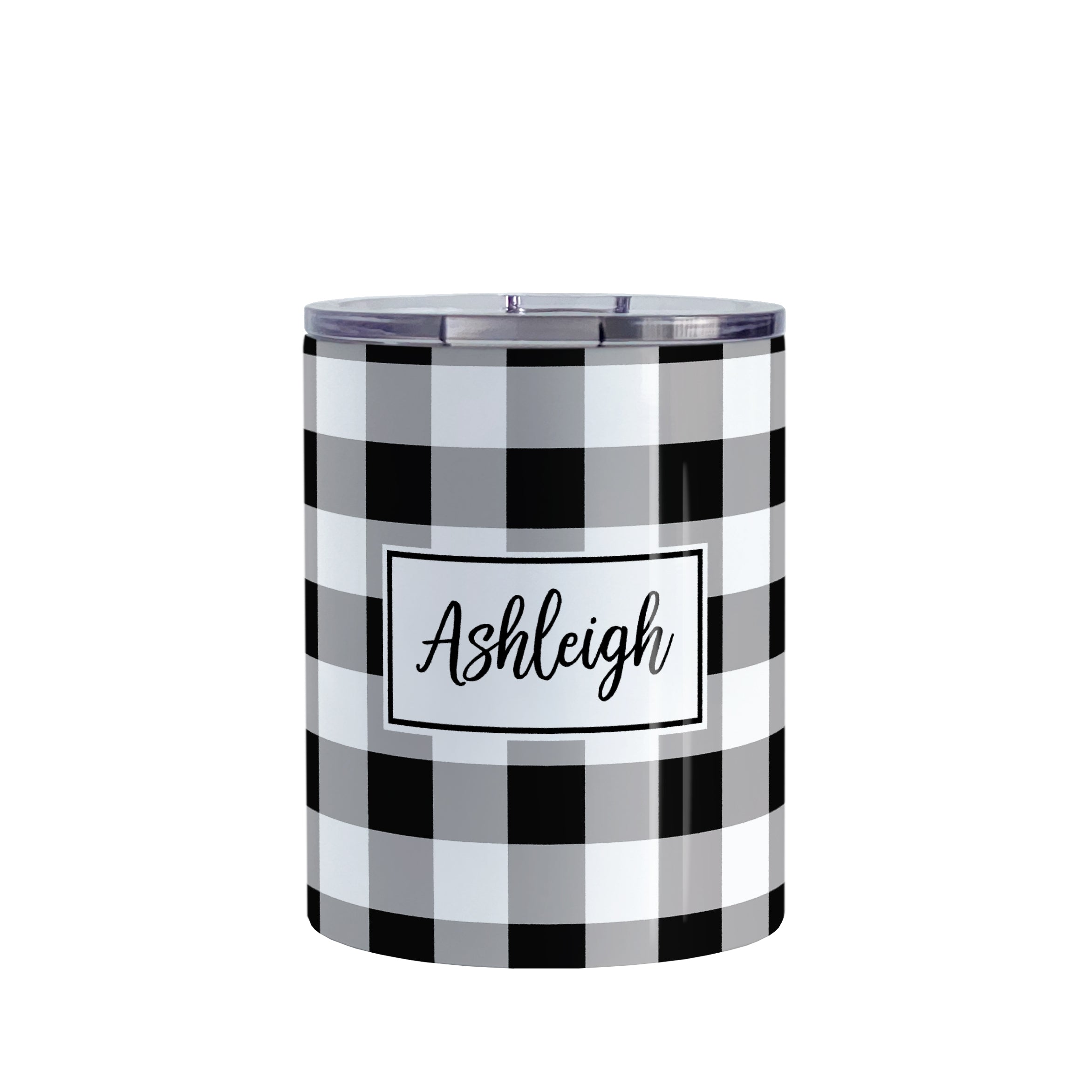 Personalized Black and White Buffalo Plaid Tumbler Cup (10oz, stainless steel insulated) at Amy's Coffee Mugs. A tumbler cup designed with a black and white buffalo plaid (buffalo check) pattern that wraps around the cup. Your name is printed in a black script font in a white frame design over the buffalo plaid background. 