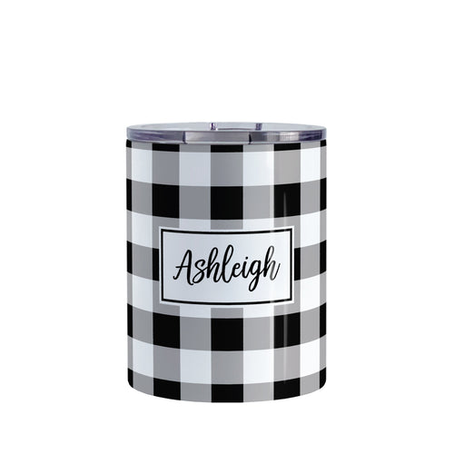 Personalized Black and White Buffalo Plaid Tumbler Cup (10oz, stainless steel insulated) at Amy's Coffee Mugs. A tumbler cup designed with a black and white buffalo plaid (buffalo check) pattern that wraps around the cup. Your name is printed in a black script font in a white frame design over the buffalo plaid background. 