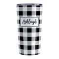 Personalized Black and White Buffalo Plaid Tumbler Cup (20oz, stainless steel insulated) at Amy's Coffee Mugs. A tumbler cup designed with a black and white buffalo plaid (buffalo check) pattern that wraps around the cup. Your name is printed in a black script font  in a white frame design over the buffalo plaid background. 
