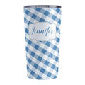 Personalized Blue Gingham Tumbler Cup (20oz, stainless steel insulated) at Amy's Coffee Mugs. A tumbler cup designed with a slanted blue and white gingham pattern that wraps around the cup. Your personalized name is custom-printed in a blue script font in a white frame design over the gingham pattern.