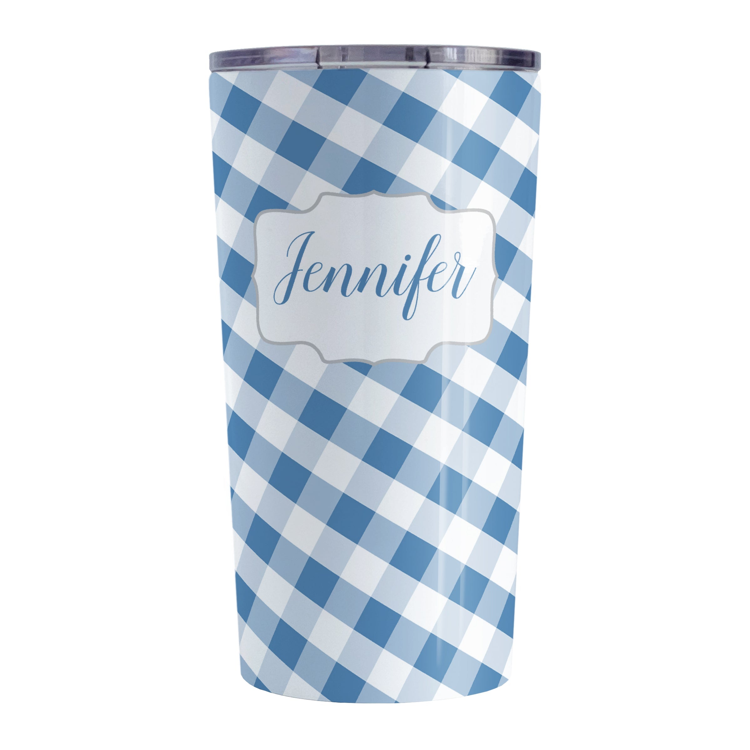 Personalized Blue Gingham Tumbler Cup (20oz, stainless steel insulated) at Amy's Coffee Mugs. A tumbler cup designed with a slanted blue and white gingham pattern that wraps around the cup. Your personalized name is custom-printed in a blue script font in a white frame design over the gingham pattern.