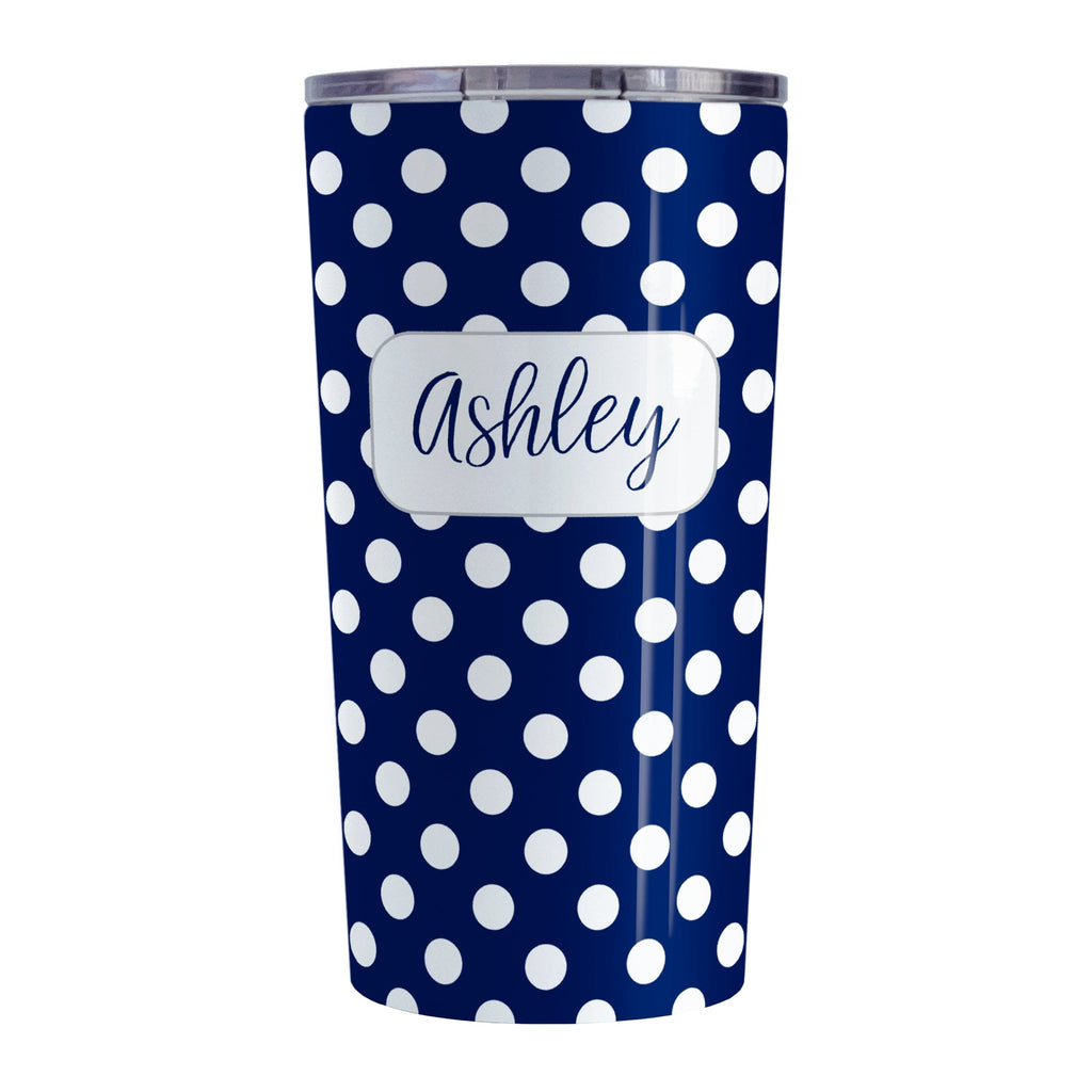 Personalized Dark Blue Polka Dot Tumbler Cup (20oz, stainless steel insulated) at Amy's Coffee Mugs. This cup is designed with a pattern of white polka dots over a dark navy blue background color that wraps around the cup. Your name is personalized in a dark blue script font over the polka dot pattern.