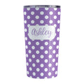 Personalized Purple Polka Dot Tumbler Cup (20oz, stainless steel insulated) at Amy's Coffee Mugs. A tumbler cup designed with a pattern of white polka dots over a purple background color that wraps around the cup. Your name is personalized in a cute purple script font in a white frame design over the polka dot pattern.