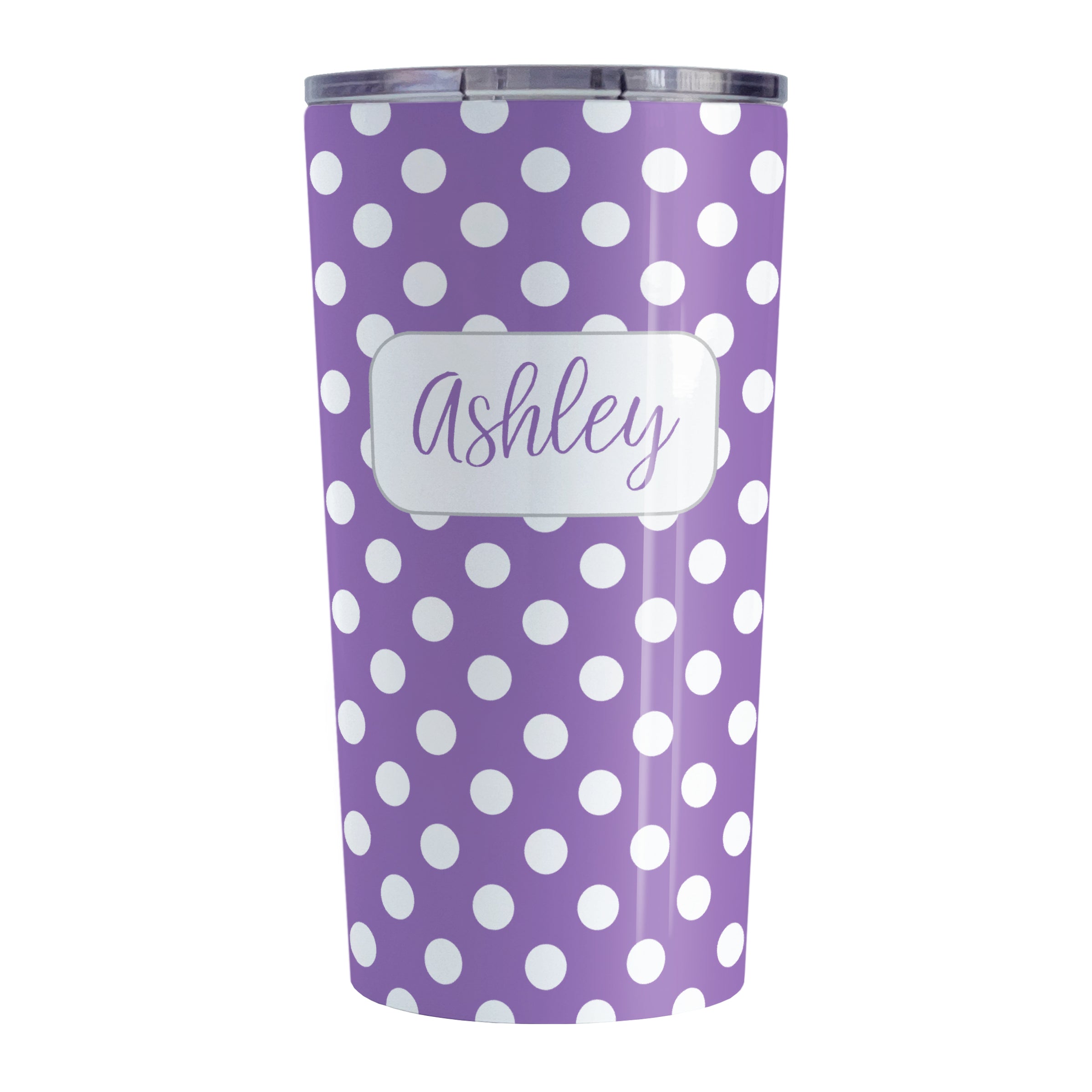 Personalized Purple Polka Dot Tumbler Cup (20oz, stainless steel insulated) at Amy's Coffee Mugs. A tumbler cup designed with a pattern of white polka dots over a purple background color that wraps around the cup. Your name is personalized in a cute purple script font in a white frame design over the polka dot pattern.