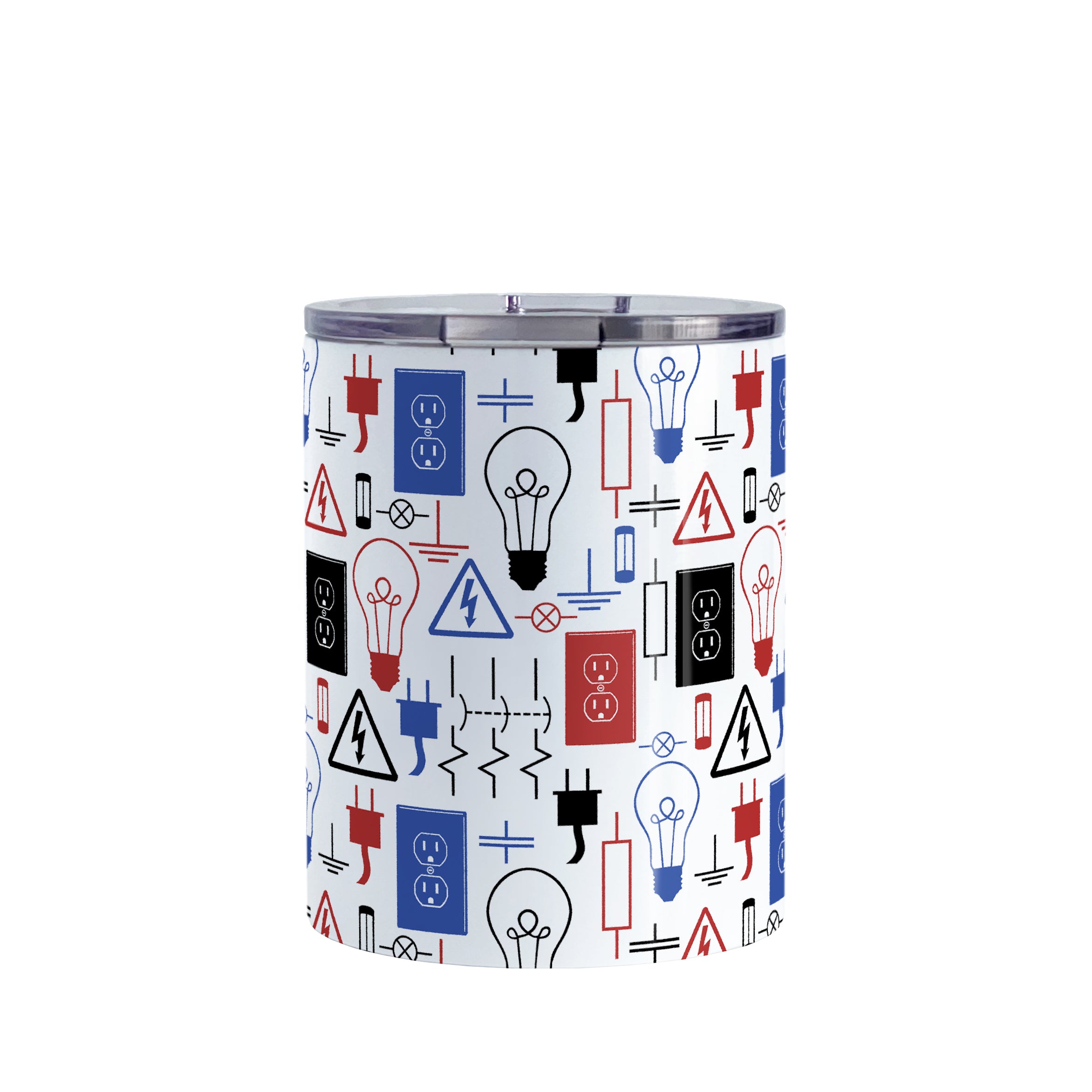Red Blue Electrical Electrician Tumbler Cup (10oz) at Amy's Coffee Mugs. A stainless steel insulated tumbler cup designed with an electrical pattern with light bulbs, wall sockets, plugs, fuses, and other electricity symbols in red, blue, and black colors that wraps around the cup. This cup is perfect for people who work a trade as an electrician, love working with electronics, and working in electrical engineering. 